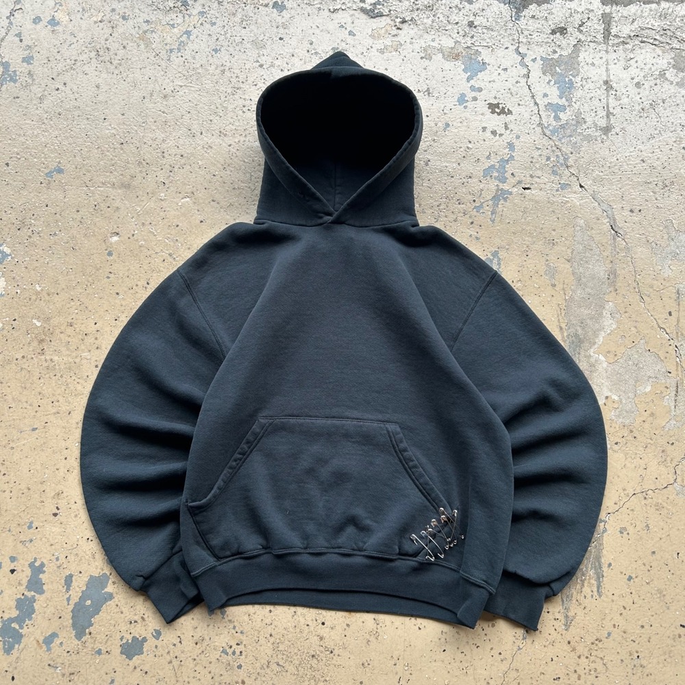 Vintage 90s Russell Athletic Hoodie Blank Black Safety Pin Repair Mens M